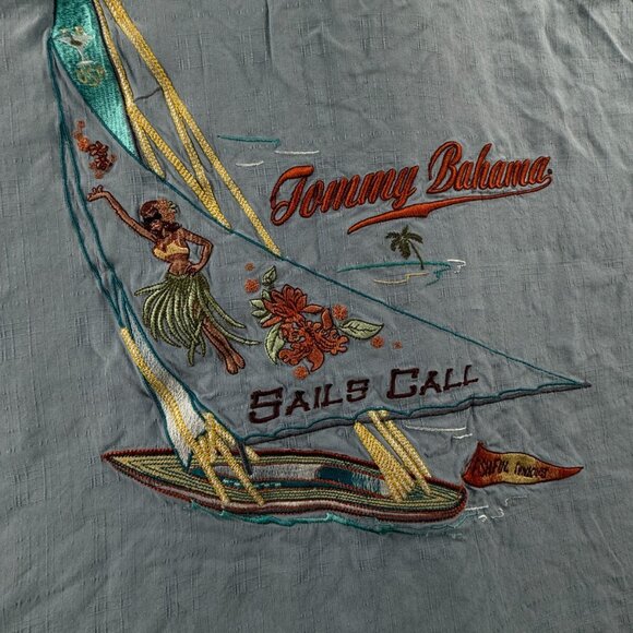 Tommy Bahama Sails Call Hula Girl Embroidered Hawaiian Shirt Blue 2XL Silk Adult - Picture 2 of 16